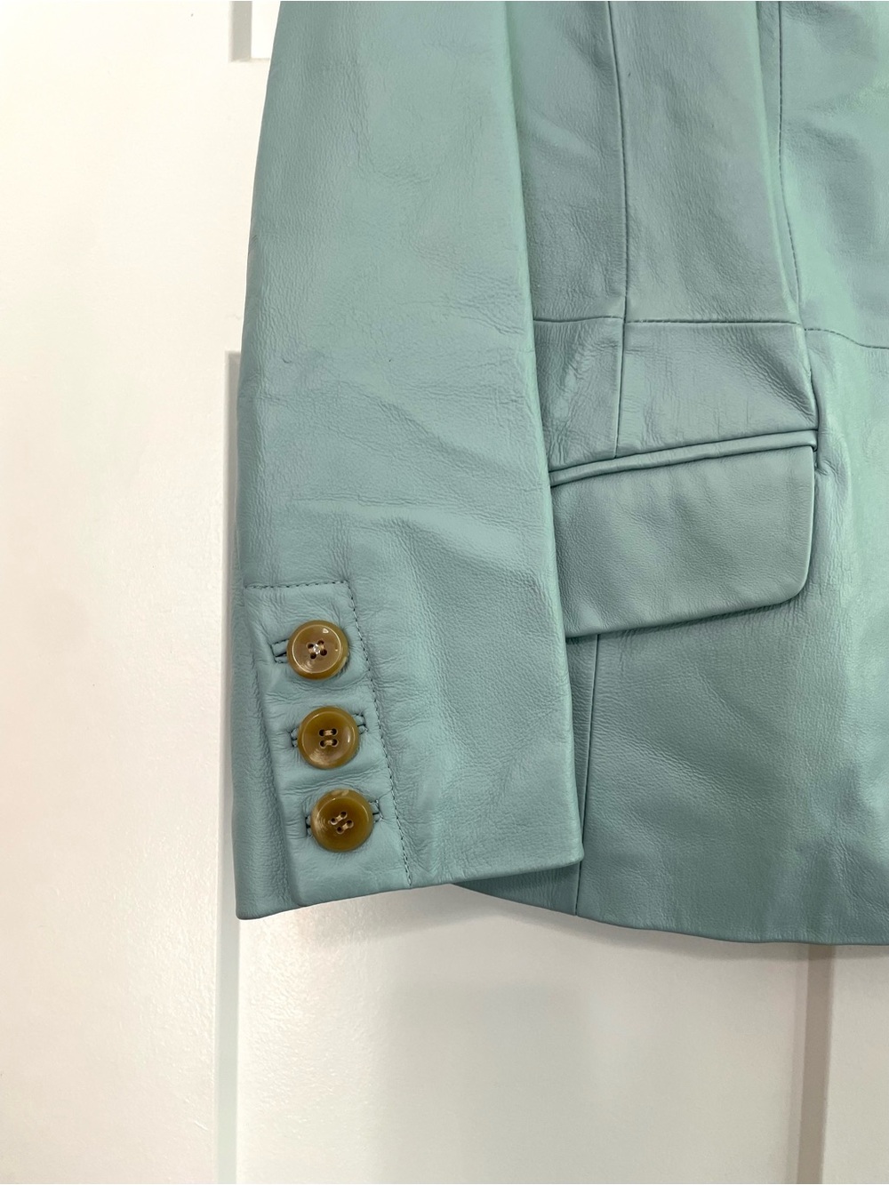 Vintage Terry Lewis Powder Seafoam Blue 100% Leather Blazer Tailored Jacket PXS - Picture 7 of 11